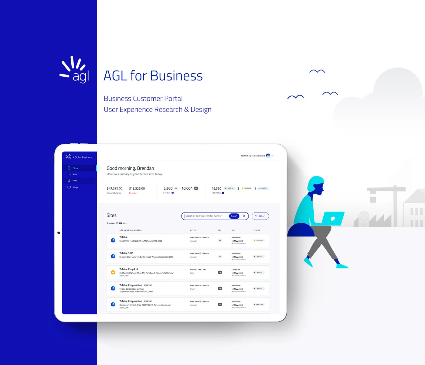 AGL for Business cover with tablet showing portal dashboard of Telstra sites, balances and site statuses