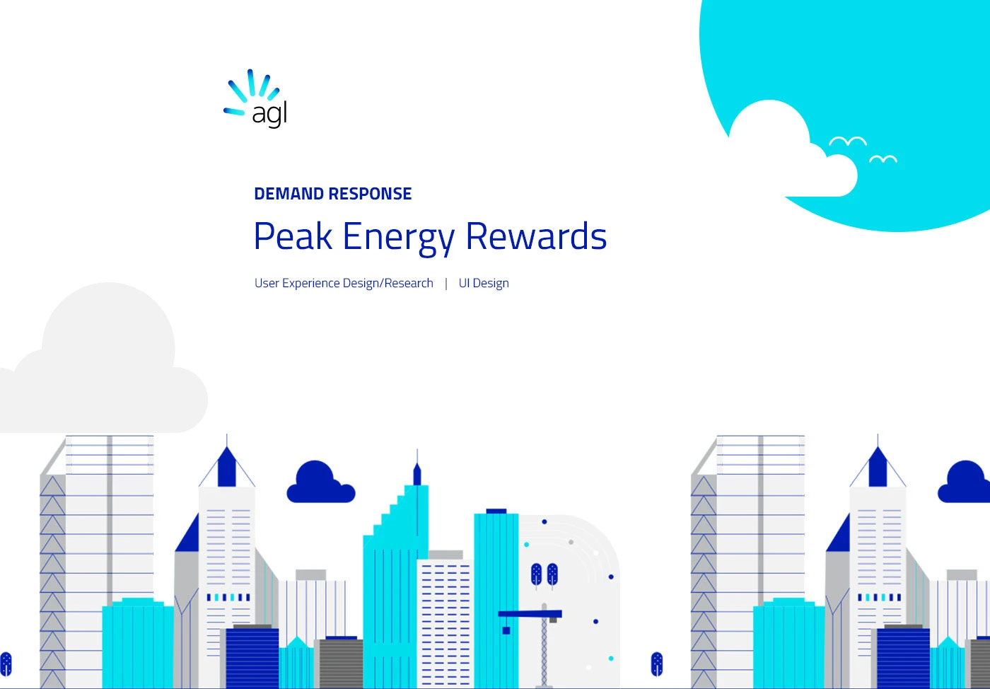 Peak Energy Rewards cover with AGL logo and flat illustration of a city skyline in blues and teal
