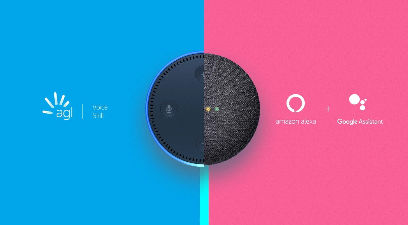 AGL Voice Skill cover showing half Amazon Echo, half Google Home with Alexa and Assistant logos