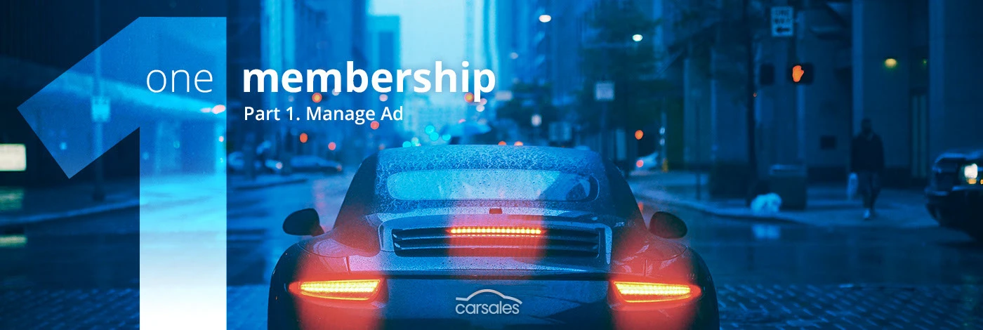Hero banner for carsales One Membership Part 1, Manage Ad, with a sports car's tail lights on a rainy city street