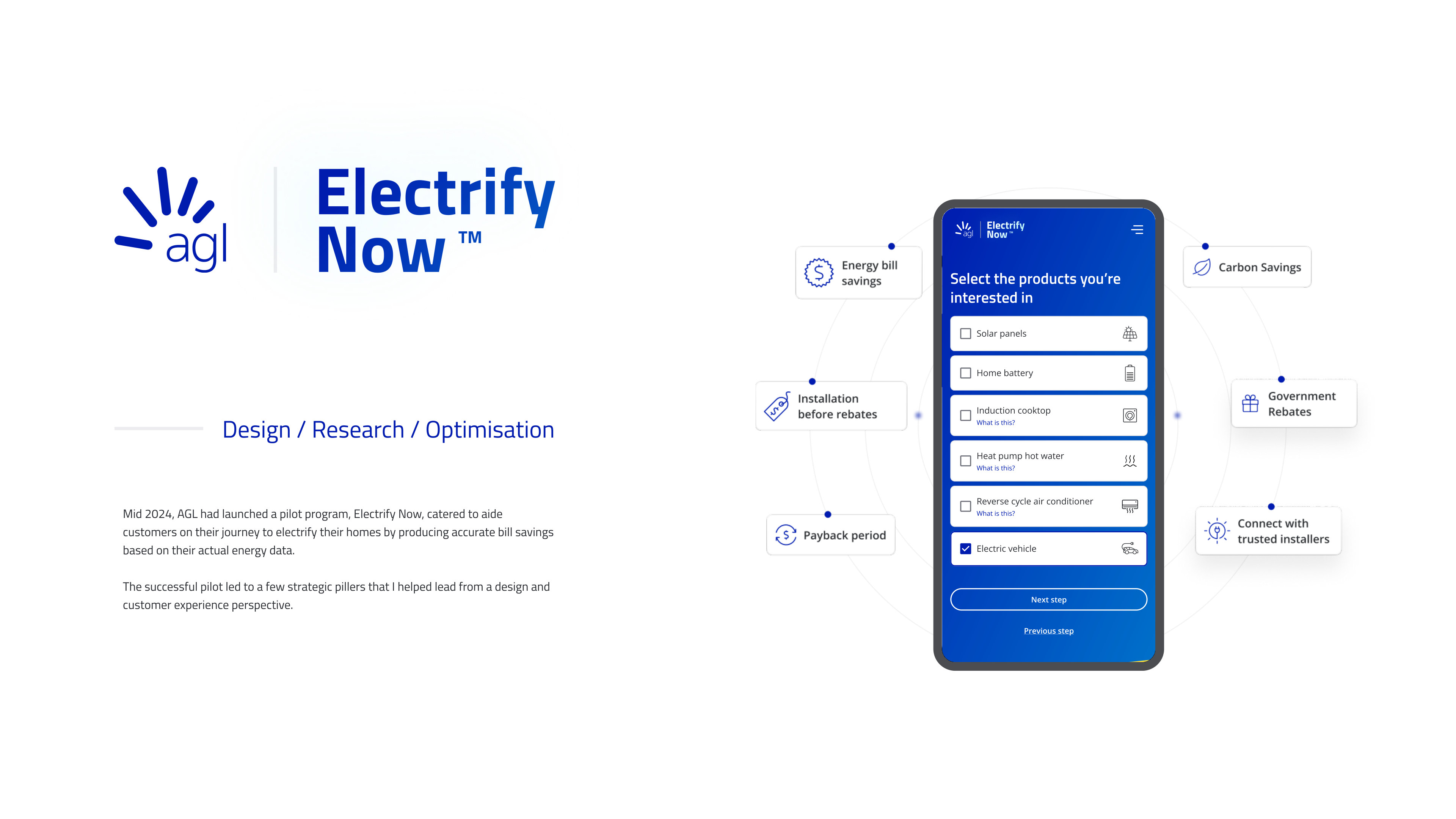 Electrify Now by AGL cover slide with a phone mockup of the product selection screen listing solar panels, home battery, induction cooktop and electric vehicle