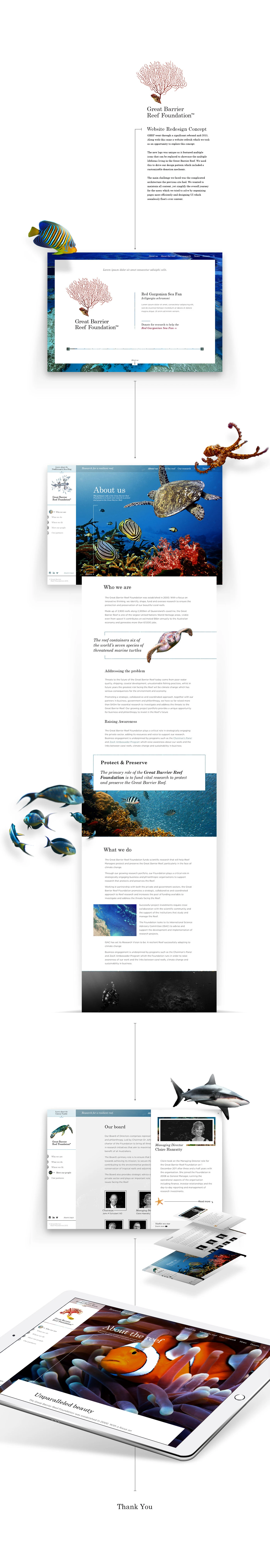 Great Barrier Reef Foundation website concept: long-scroll pages with coral and marine life photography on tablet and phone