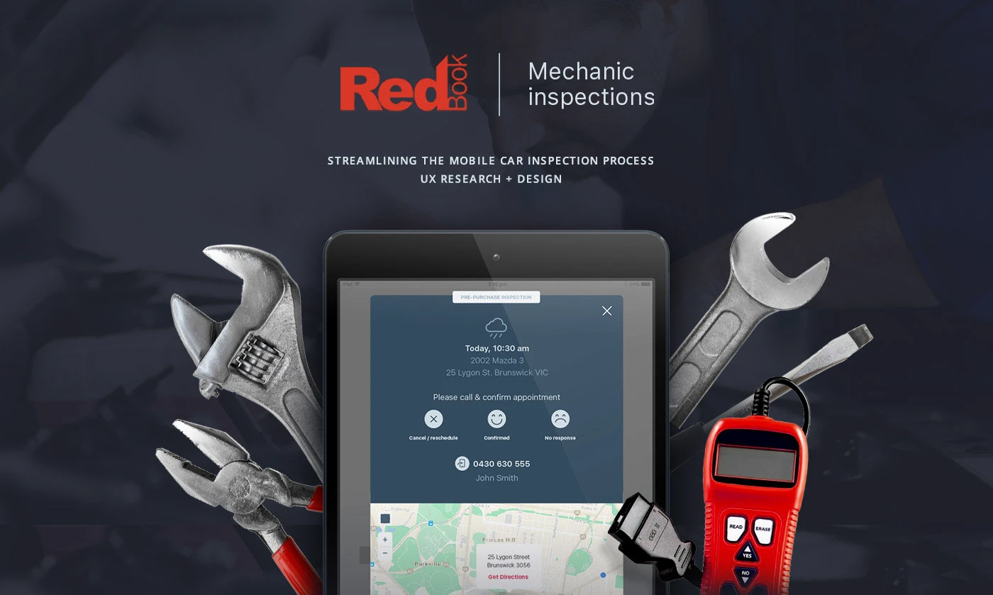 RedBook Mechanic Inspections cover: iPad app for mobile car inspections surrounded by mechanic's tools